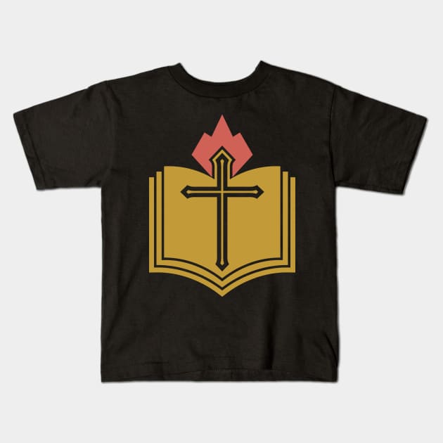 The cross of the Lord Jesus Christ, an open Bible and a flame of fire are a symbol of the Holy Spirit. Kids T-Shirt by Reformer